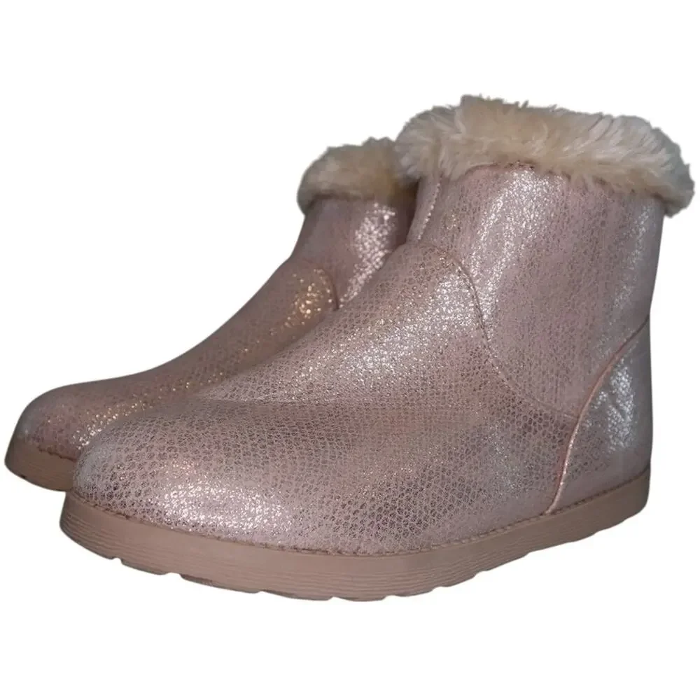 Cat & Jack Girls Pink Glitter Ankle Boots Faux Fur Cuff Winter Warm Kids Shoes 5